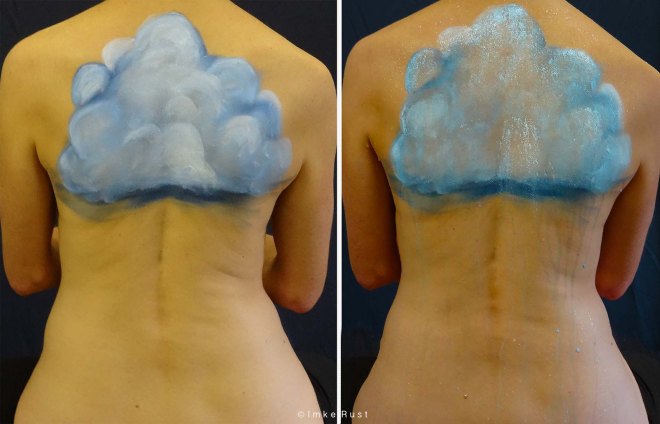 Rainmakeress: Cloud painting on body and adding water to let it 'rain' (Imke Rust)
